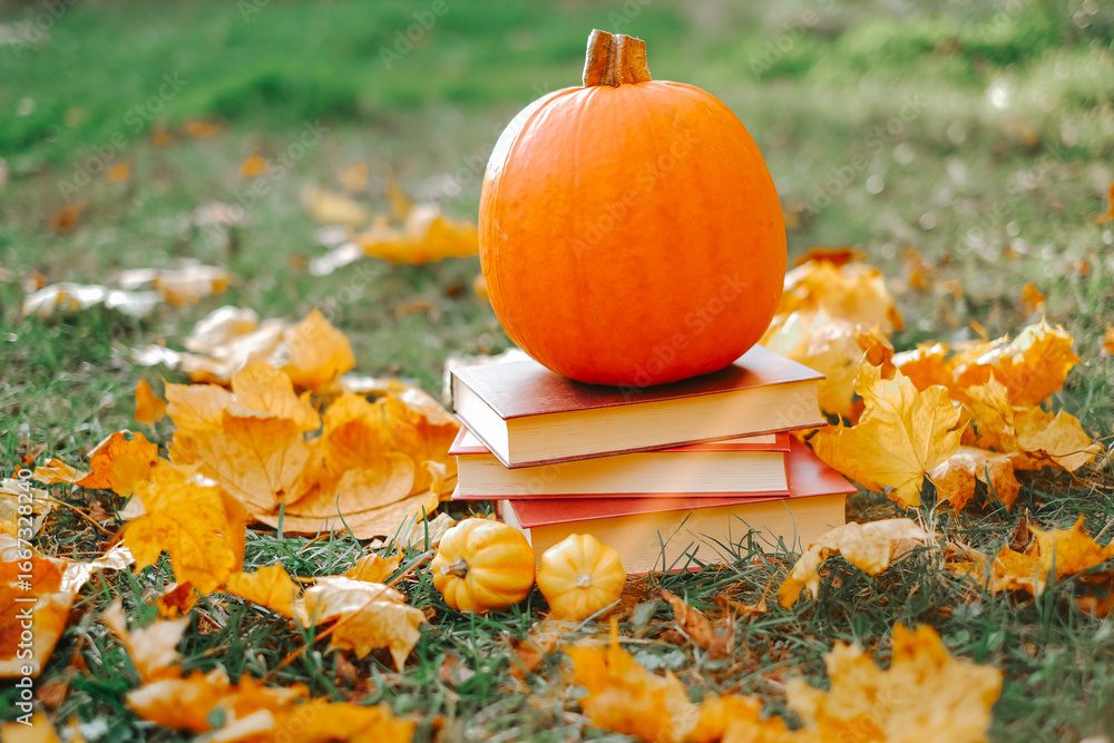 .Autumn thematic reading.stack of books and maple orange leaves and pumpkins set in autumn garden with the rays of the sun .Autumn thematic reading.stack of books and maple orange leaves and pumpkins set in autumn garden with the rays of the sun