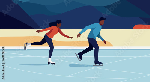 Couple Ice Skating Together on Outdoor Rink in Winter Evening Scene Vector Illustration