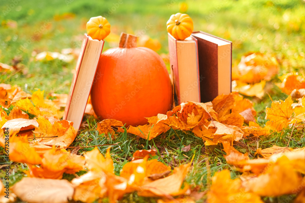 Halloween Books. Pumpkins and Books.Autumn thematic reading.Start school and college season concept Halloween Books. Pumpkins and Books.Autumn thematic reading.Start school and college season concept