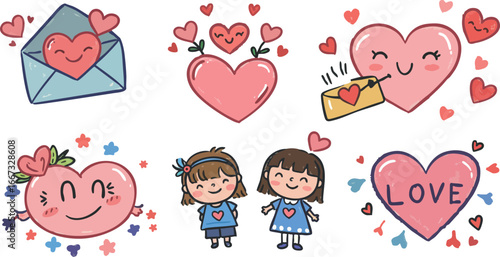 Cute hearts and girls holding love signs in romantic cartoon style for Valentines Day celebration illustration