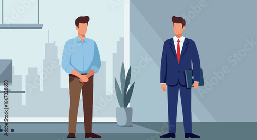 Two men standing in office room with modern furniture and plant vector illustration