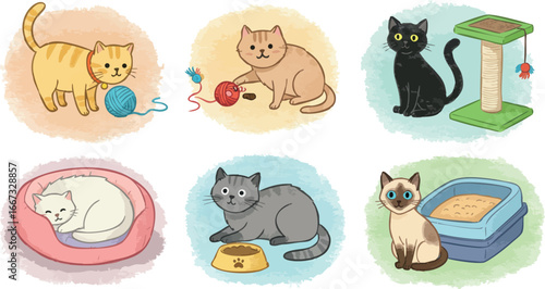 Cute playful cats with yarn balls, resting kittens, and litter box in cozy home environment vector illustration