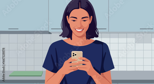 Woman using smartphone smiling in modern kitchen with blue cabinets and tiled backsplash vector illustration digital art