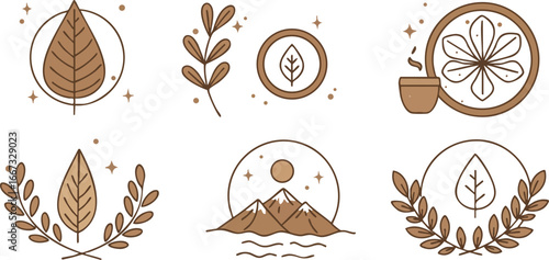 Minimalist brown botanical and mountain nature vector icons with leaves and cup design elements for natural lifestyle and environment themes