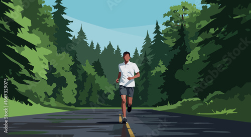 Man running on forest road surrounded by green trees and mountains in summer nature landscape vector illustration