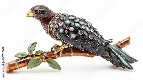 Exquisite bejeweled eagle figurine perched on a branch showcasing detailed craftsmanship