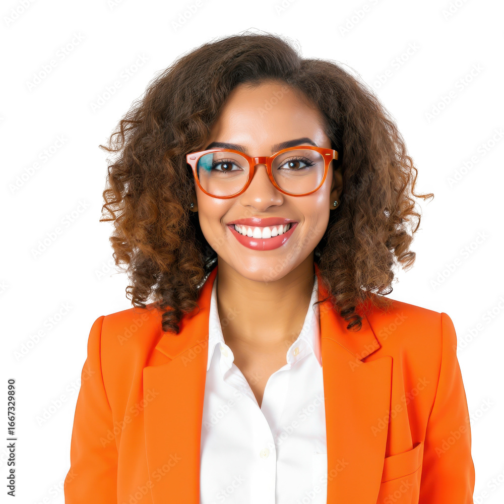 Obraz premium Smiling young professional woman wearing glasses and an orange blazer confidently posing for a headshot portrait