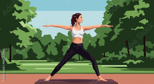 Woman practicing yoga outdoors in green nature park with blue sky and trees vector illustration