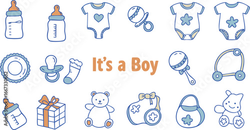 Baby boy items collection with bottles pacifier teddy gifts and accessories for newborn care and celebration