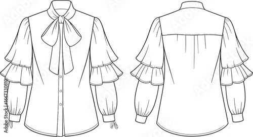 PrintWomen's blouse front and back view, bow tie neckline, tiered ruffle sleeves, long cuffs with bows, yoke pleat, cad drawing flat vector illustration