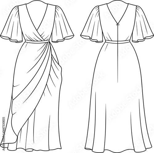 women’s wrap dress front and back view, v neckline, flutter sleeves, draped skirt, cinched waist, flat fashion cad drawing vector illustration