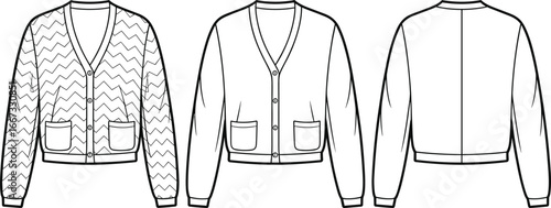 Front and back view cropped cardigan sweater, V‑neckline, button‑down, long sleeves, patch pockets, zigzag pattern, flat fashion CAD drawing, garment construction