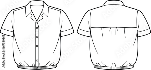 short sleeve button up shirt, front and back view, elastic waistband, collar, cuffed sleeves, flat fashion cad drawing vector illustration