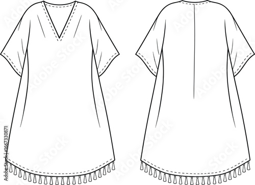 Front and back view tunic kaftan dress, V‑neckline, short sleeves, tassel hem, flat fashion CAD drawing, garment construction, technical vector illustration, apparel design
