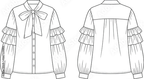 women’s blouse front and back view, bow tie neckline, button down shirt, ruffle sleeve detail, yoke pleat, technical flat cad drawing vector illustration