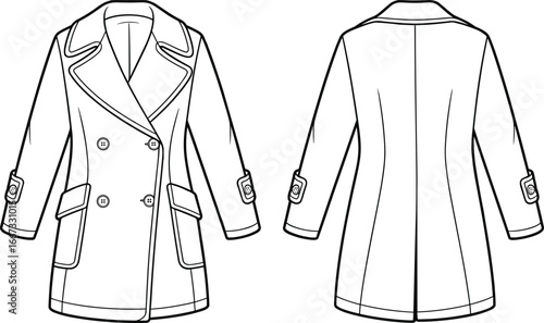 women’s double‑breasted coat front and back view, wide lapels, flap pockets, buttoned cuffs, technical flat cad drawing vector illustration for fashion design