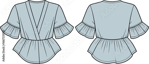 women’s blouse front and back view, flutter ruffle sleeves, peplum hem, deep v‑neck, technical flat cad drawing vector illustration for fashion design