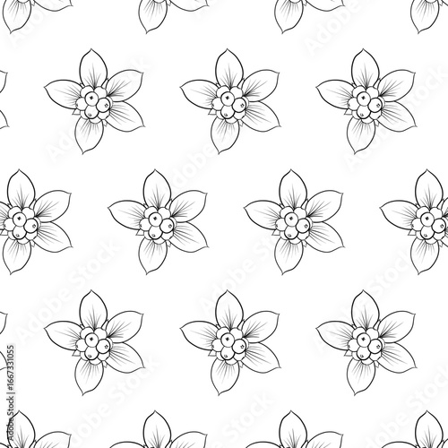 Bunchberry or Cornus canadensis flower Seamless Pattern Hand drawn vector line art, Black and White Flower isolated in white. Beautiful design for textile, wallpaper, wrapping paper