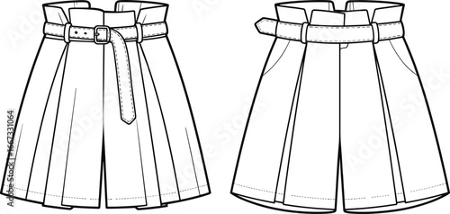 High waist pleated shorts flat cad drawing, belted fashion garment vector, technical clothing design, apparel template, stylish summer shorts sketch, sewing pattern illustration
