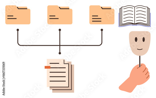 Folder structure linked to documents, book for reference, and hand holding mask for anonymity. Ideal for organization, data management, privacy, workflow, study, information sorting simple flat