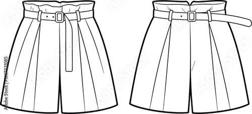 Paperbag waist shorts flat cad drawing, pleated high waist shorts vector, belted fashion garment illustration, technical clothing design, apparel template, stylish summer shorts sketch