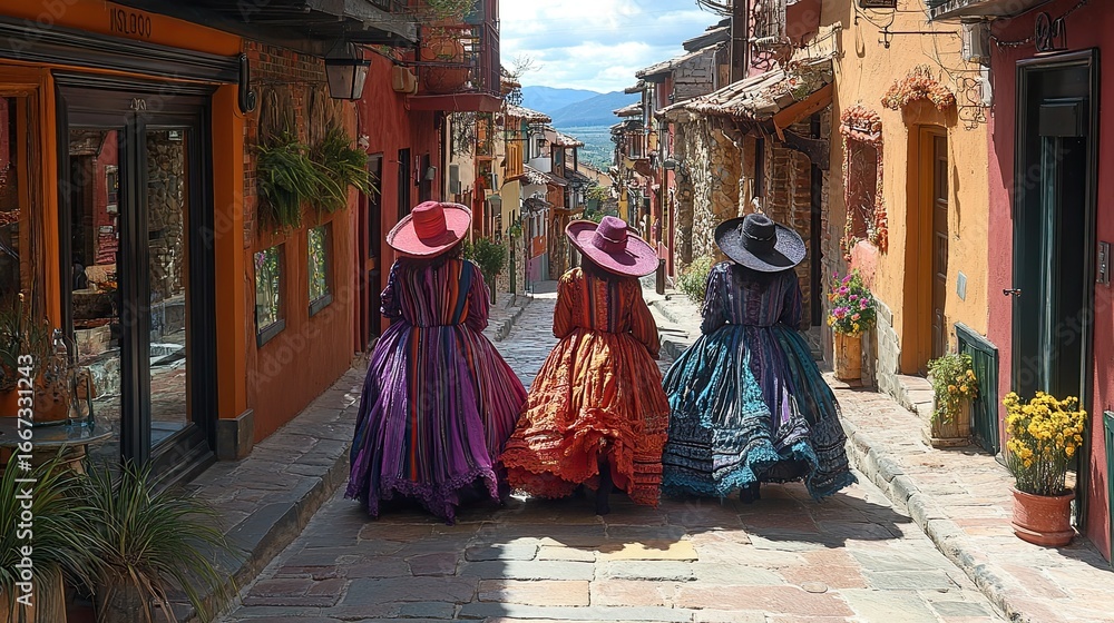 Fototapeta premium Three Women in Traditional Dresses Walking Down a Colorful Street in San Miguel