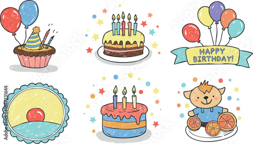 Birthday celebration vector icons with cakes balloons party hat and festive decorations perfect for event design and greeting cards