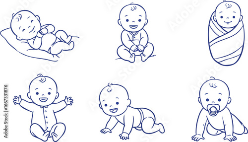 Baby vector set showing various infant poses including sleeping, sitting, crawling, and swaddled newborn illustration