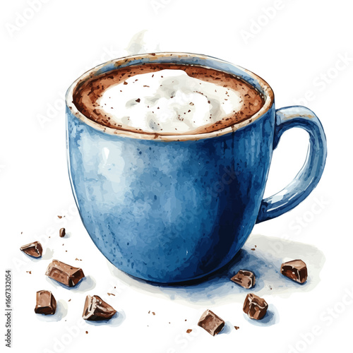 Hot Cocoa Steaming Cup, watercolor drawing vector, isolated on a white background.
