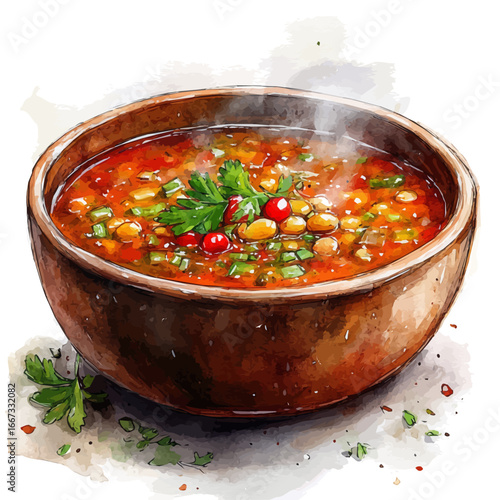 Hot Soup Bowl Winter, watercolor clipart vector, isolated on a white background.
