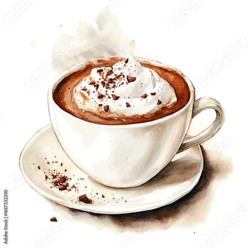 Hot Cocoa Steaming Cup, watercolor painting vector, isolated on a white background.