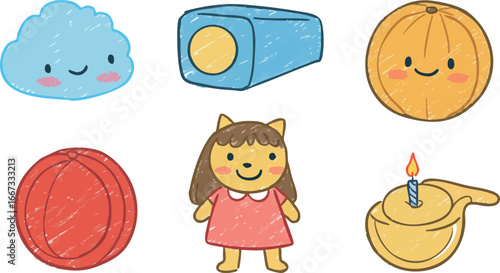 Cute kids toy icons with happy cloud, flashlight, pumpkin, ball, doll, and candle holder vector set