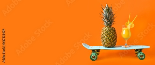 Ripe pineapple, skateboard ...