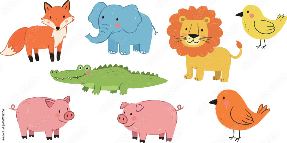 Obraz premium Cute cartoon animals collection including fox elephant lion pig bird and crocodile in colorful style for children and education