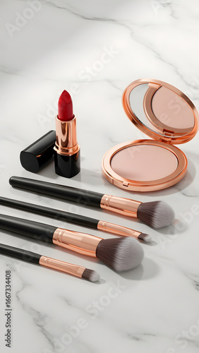 Elegant makeup arrangement featuring lipstick, brushes, and powder on marble surface.