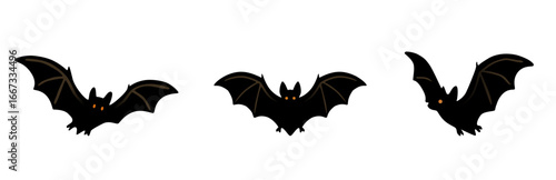 Vector cartoon illustrations of black vampire bats with glowing orange eyes flying in different positions and isolated from the background