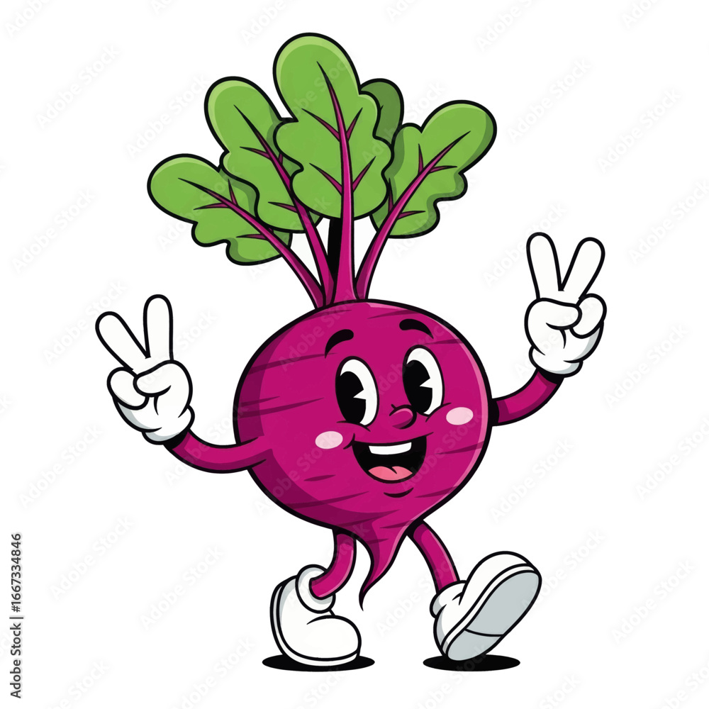 Fototapeta premium A cheerful cartoon beetroot character with a happy face, walking and making peace signs with both hands.