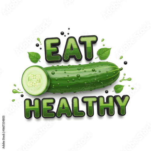 Eat Healthy: A fresh green cucumber with its cross-section, surrounded by leaves and paint splashes.
