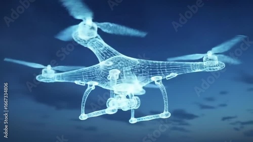 Futuristic Blue Drone Hologram Flying Against Night Sky with Technology Concept.