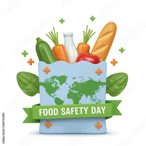 World Food Safety Day illustration with a grocery bag showing a world map, filled with fresh, healthy food like vegetables, fruit, and milk.
