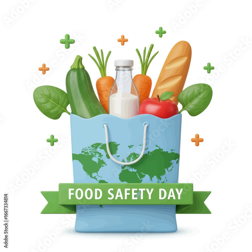 A shopping bag adorned with a world map, filled with fresh produce and a bottle of milk, symbolizing global food safety day.