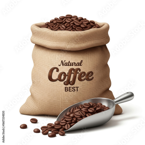 A burlap sack overflowing with coffee beans, accompanied by a scoop filled with more beans.