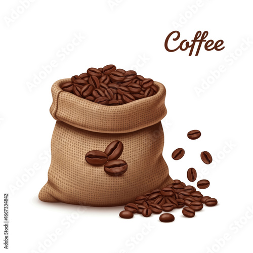 A burlap sack full of roasted coffee beans spilling onto a white background.