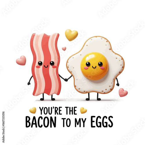 Cute cartoon bacon and egg couple holding hands with hearts and love message.