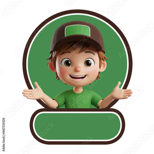 3D cartoon boy mascot in a green shirt and cap, with open arms inside a circular frame and a blank banner.
