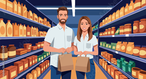 Man and woman shopping together in grocery store holding paper bags in modern supermarket environment