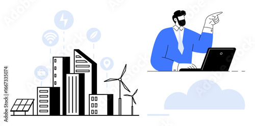 Modern cityscape with wind turbines and solar panels paired with a professional at a laptop. Ideal for sustainability, smart city, energy management, clean energy, innovation, business planning