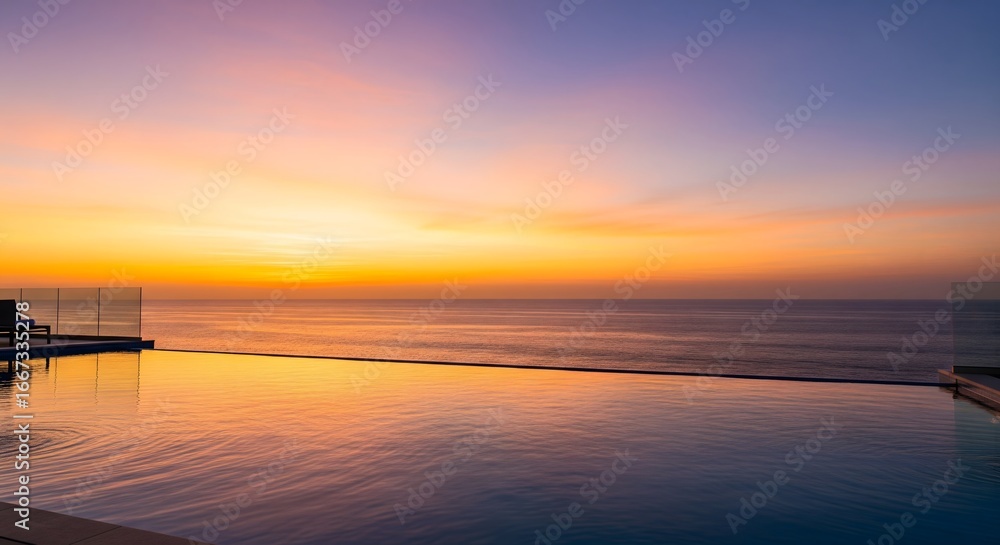 Naklejka premium Infinity pool ocean view sunset luxury travel destination summer vacation resort hotel photography at dusk 100