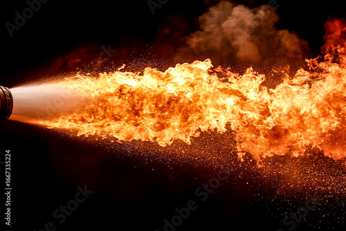 A fire hose spewing water onto flames, droplets sparkling in the light, cinematic composition, dynamic action shot.