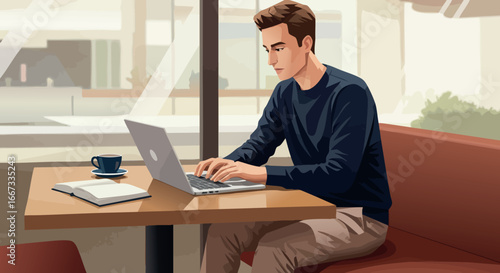 Young man working on laptop in modern cafe with coffee cup and notebook focused casual style